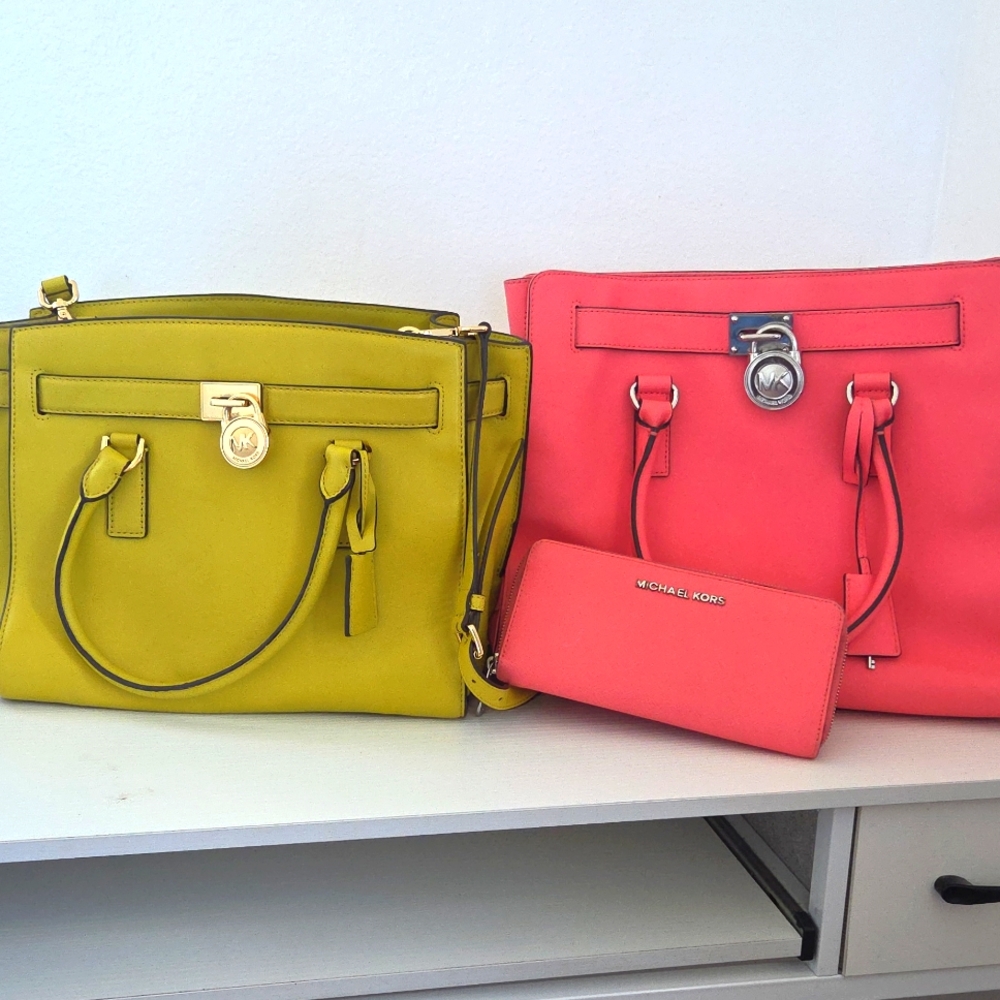 Michael Kors Yellow/green Satchel with Gold Accents And Coral Satchel Bundle